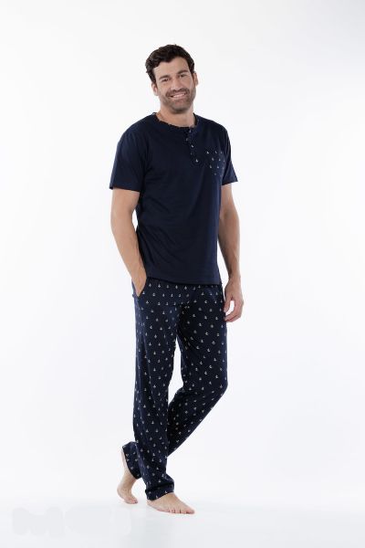Εικόνα της Mei Βαμβακερή Ανδρική Πιτζάμα Μπλε Με Μακρύ Παντελόνι.