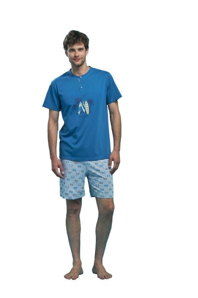 Εικόνα της Noidinotte πετρόλ ανδρική πιτζάμα κοντομάνικη με γκρι εμπριμέ σορτς.