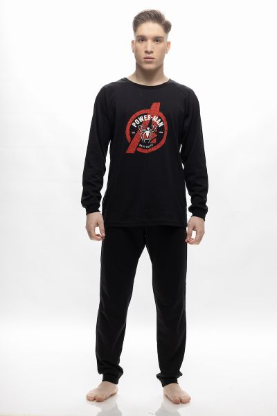 Εικόνα της Galaxy Βαμβακερές Μαύρες Ανδρικές Πιτζάμες "Power-Man".