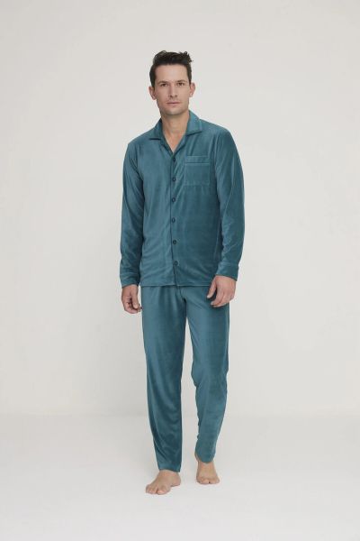 Εικόνα της Noidinotte Πετρόλ Βελούδινη Rib Κουμπωτή Ανδρική Πιτζάμα.