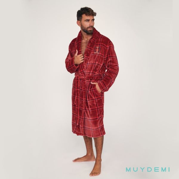 Εικόνα της Muydemi κόκκινη καρό fleece μακριά σταυρωτή ανδρική πιτζάμα.