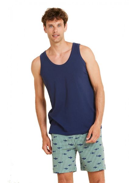 Εικόνα της Noidinotte βαμβακερή μπλε/πράσινη αμάνικη ανδρική πιτζάμα.