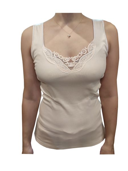 Εικόνα της Dreams μπεζ γυναικείο φανελάκι με ώμο και δαντέλα.