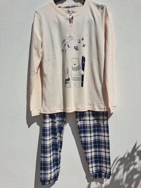 Εικόνα της Noidinotte Εκρού/Μπλε Καρό Βαμβακερή Γυναικεία Πιτζάμα.