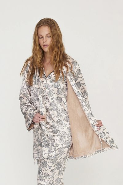 Εικόνα της Noidinotte Εκρού Φλοράλ Σατέν/Fleece Σταυρωτή Γυναικεία Ρόμπα.