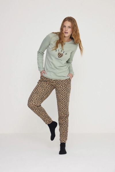 Εικόνα της Plus Size Noidinotte βαμβακερή φυστικί/λεοπάρ γυναικεία πιτζάμα.