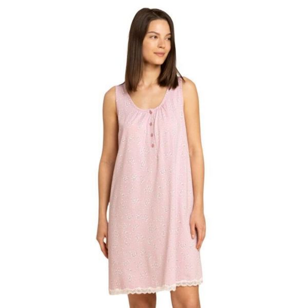 Εικόνα της Noidinotte Plus Size Βαμβακερό Εμπριμέ Ροζ Νυχτικό Με Ώμο.