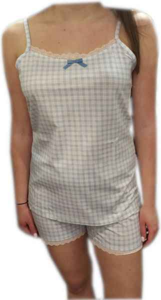 Εικόνα της Γυναικείο λευκό/γαλάζιο καρό babydoll από 100% βαμβάκι.