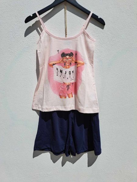 Εικόνα της Galaxy Βαμβακερή Γυναικεία Πιτζάμα Ροζ/Μπλε.