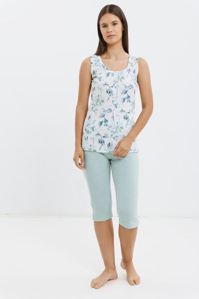 Εικόνα της Giota Βαμβακερή Φυστικί Αμάνικη Πιτζάμα Εμπριμέ Με Κάπρι.