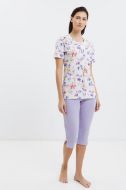 Εικόνα της Giota Βαμβακερή Εκρού/Λιλά Κοντομάνικη Πιτζάμα Εμπριμέ Με Κάπρι.