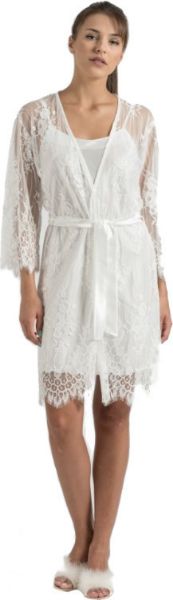 Εικόνα της Jeannette Σετ λευκό σατέν νυχτικό με ραντάκι & ρόμπα όλο δαντέλα με τρουακάρ μανίκι.