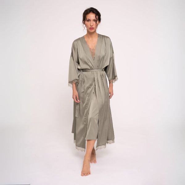 Εικόνα της Muydemi Midi Σατέν Λαδί Σταυρωτή Ρόμπα.