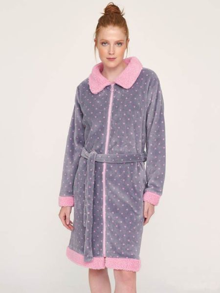 Εικόνα της Muydemi γκρι/ροζ πουά fleece γυναικεία ρόμπα.