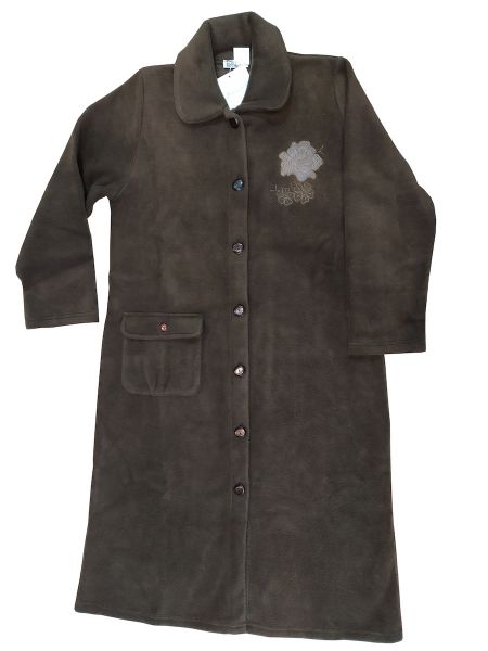 Εικόνα της Jeannette καφέ φλις γυναικεία κουμπωτή ρόμπα με κέντημα.