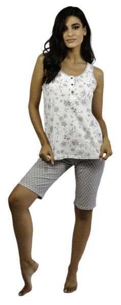 Εικόνα της Galaxy βαμβακερή rib εκρού/ εμπριμέ γυναικεία πιτζάμα.