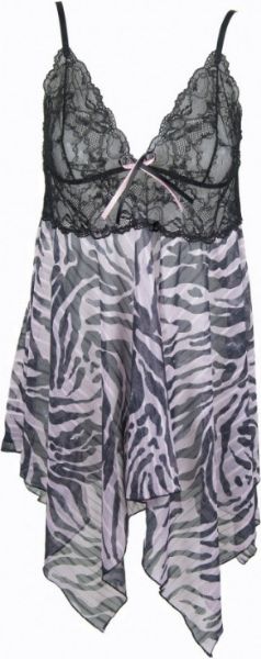 Εικόνα της Ροζ νυχτικό plus size από ελαστικό δίχτυ σε τύπωμα zebra print με γραμμές από ασημοκλωστή και δαντέλα. Σετ με ασορτί string.