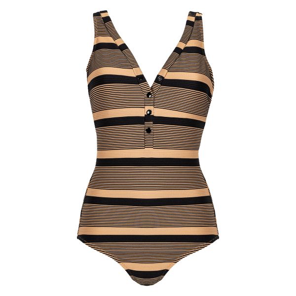 Εικόνα της Bilitis Ultra Chic μπεζ/μαύρο ριγέ ολόσωμο μαγιό με κουμπιά.