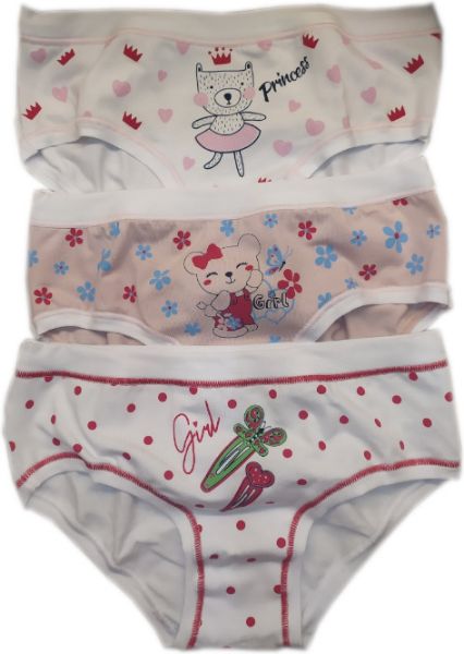 Εικόνα της 3 ΤΕΜΑΧΙΑ παιδικά κοριτσίστικα εσώρουχα με σχέδια (93%Βαμβάκι-7%Elastane). Δύο λευκά και ένα ροζ.