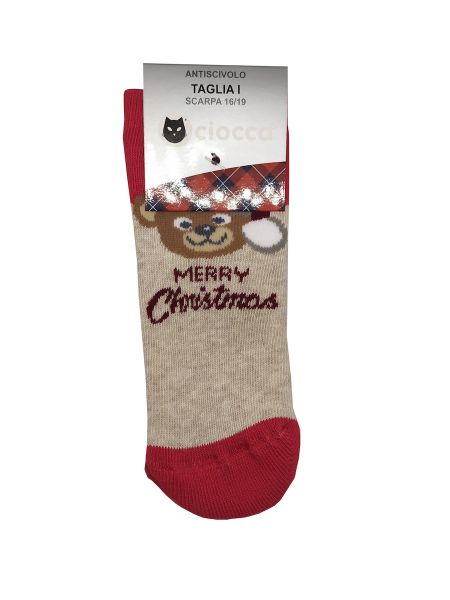Εικόνα της Ciocca μπεζ/κόκκινη κάλτσα "Merry Christmas", με πατουσάκια σιλικόνης.