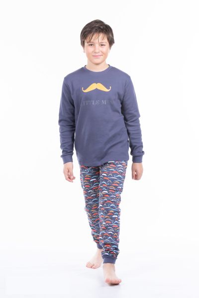 Εικόνα της Mei βαμβακερή ανθρακί παιδική πιτζάμα με μουστάκια.