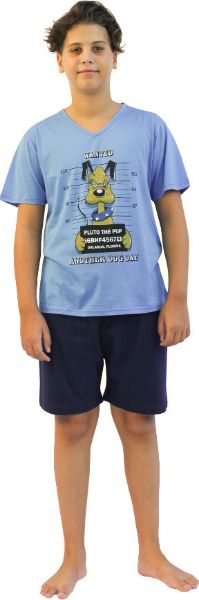 Εικόνα της Παιδική αγορίστικη πιτζάμα από 100% βαμβάκι. Ρουά μπλούζα με κοντό μανίκι και στάμπα. Μπλε σορτς.