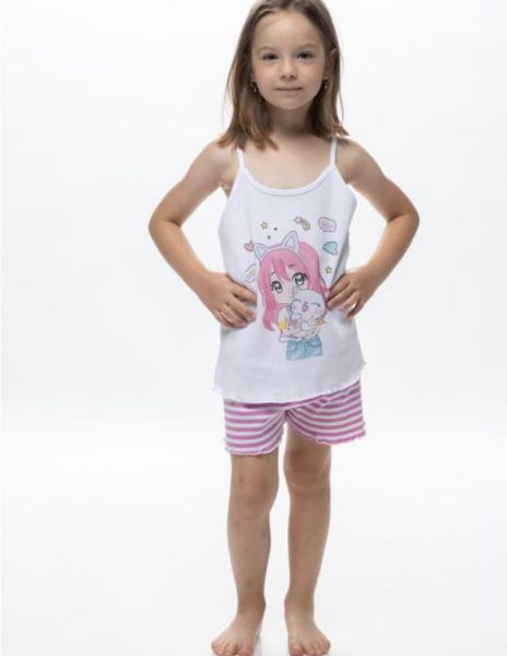 Εικόνα της Galaxy βαμβακερή λευκή/φούξια παιδική πιτζάμα.