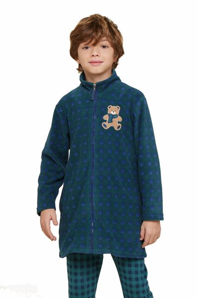 Εικόνα της Noidinotte πράσινη/μπλε καρό fleece παιδική ρόμπα με φερμουάρ.