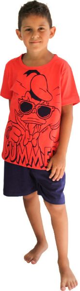 Εικόνα της Παιδική αγορίστικη πιτζάμα από 100%βαμβάκι. Κόκκινη μπλούζα με στάμπα. Μπλε σορτς.