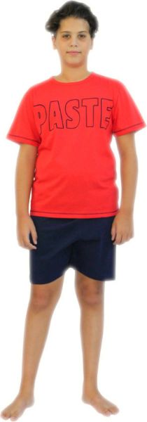 Εικόνα της Παιδική αγορίστικη πιτζάμα από 100% βαμβάκι. Καρπουζί μπλούζα με στάμπα. Μπλε σορτς.