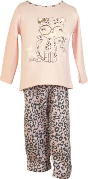 Εικόνα της Βρεφική κοριτσίστικη πιτζάμα από 100%βαμβάκι. Ροζ μπλούζα με στάμπα. Λεοπάρ παντελόνι.