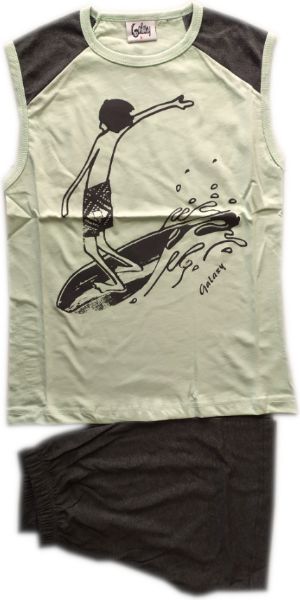 Εικόνα της Παιδική αγορίστικη πιτζάμα από 100% βαμβάκι. Μέντα αμάνικη μπλούζα με στάμπα. Ανθρακί σορτς.