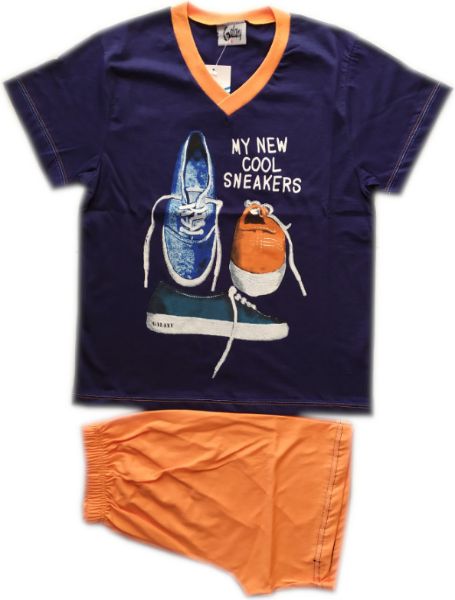 Εικόνα της Παιδική αγορίστικη πιτζάμα από 100% βαμβάκι. Μπλε μπλούζα με κοντό μανίκι και στάμπα. Πορτοκαλί σορτς.