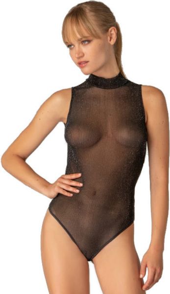 Εικόνα της MilenaParis Μαύρο διάφανο κορμάκι string με ασημοκλωστή.