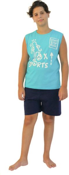 Εικόνα της Παιδική αγορίστικη πιτζάμα από 100%βαμβάκι. Αμάνικη τιρκουάζ μπλούζα με στάμπα. Μπλε σορτς.