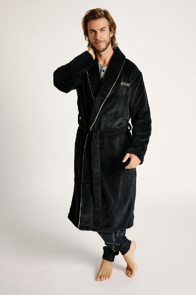 Εικόνα της Muydemi Μαύρη Fleece Σταυρωτή Μακριά Ανδρική Ρόμπα.