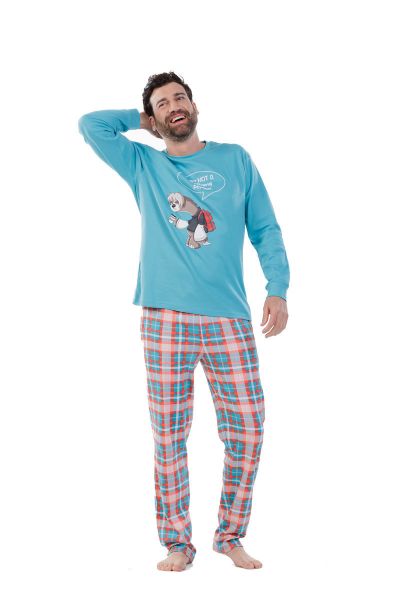 Εικόνα της Mei Βαμβακερές Ανδρικές Πιτζάμες Τιρκουάζ/Καρό.