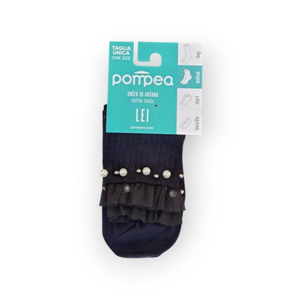 Εικόνα της Pompea Βαμβακερές Blue/Black Γυναικείες Κάλτσες Με Τούλι & Πέρλες.