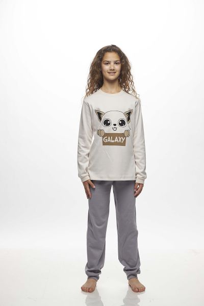 Εικόνα της Galaxy Βαμβακερές Εφηβικές Πιτζάμες Εκρού/Ανθρακί.