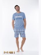 Εικόνα της Mei Βαμβακερή Γαλάζια/Καρό Ανδρική Πιτζάμα Με Σορτς.