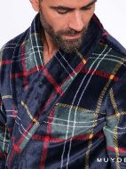 Εικόνα της Muydemi Μπλε Καρό Fleece Σταυρωτή Ανδρική Ρόμπα Κάτω Από Το Γόνατο.