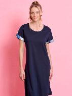 Εικόνα της Jeannette Βαμβακερό Μπλε Σκούρο Νυχτικό Με Ζαπονέ Μανίκι.