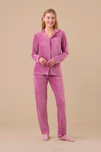 Εικόνα της Noidinotte Rib Βελούδινη Κουμπωτή Γυναικεία Πιτζάμα Ροζ.