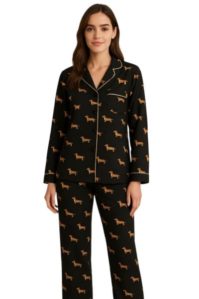 Εικόνα της Elite Βαμβακερή Κουμπωτή Μαύρη Εμπριμέ Γυναικεία Πιτζάμα.