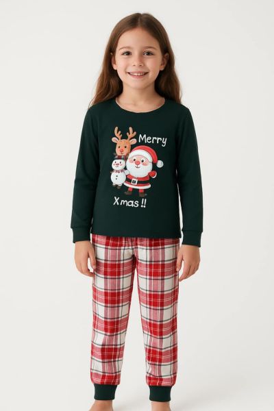 Εικόνα της Little Unicorn Πράσινη/Καρό Xmas Παιδική Πιτζάμα Φούτερ.