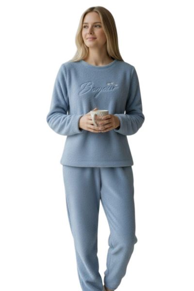 Εικόνα της Passion Γυναικεία Πιτζάμα Fleece Γαλάζια "Bonjour".