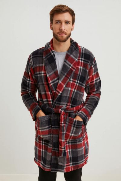 Εικόνα της Passion Fleece Καρό Ρόμπα Ανδρική Ανθρακί/Μπορντό Σταυρωτή.