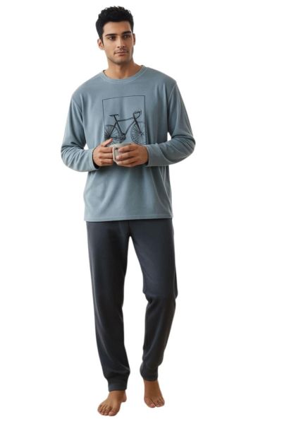 Εικόνα της Dark Elephant Βελούδινη Ελαστική Ανδρική Πιτζάμα Γαλάζια/Μπλε.