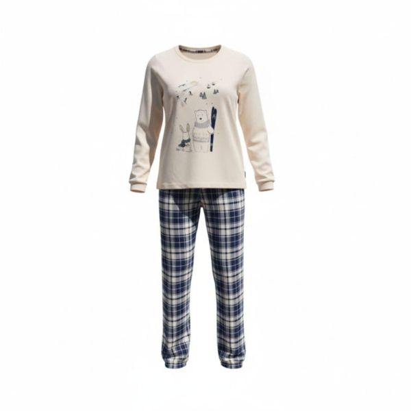 Εικόνα της Noidinotte Εκρού/Μπλε Καρό Βαμβακερή Γυναικεία Πιτζάμα.