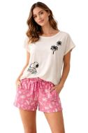 Εικόνα της Gisela Peanuts Βαμβακερές Γυναικείες Πιτζάμες Λευκό/Φούξια Εμπριμέ Σορτς.